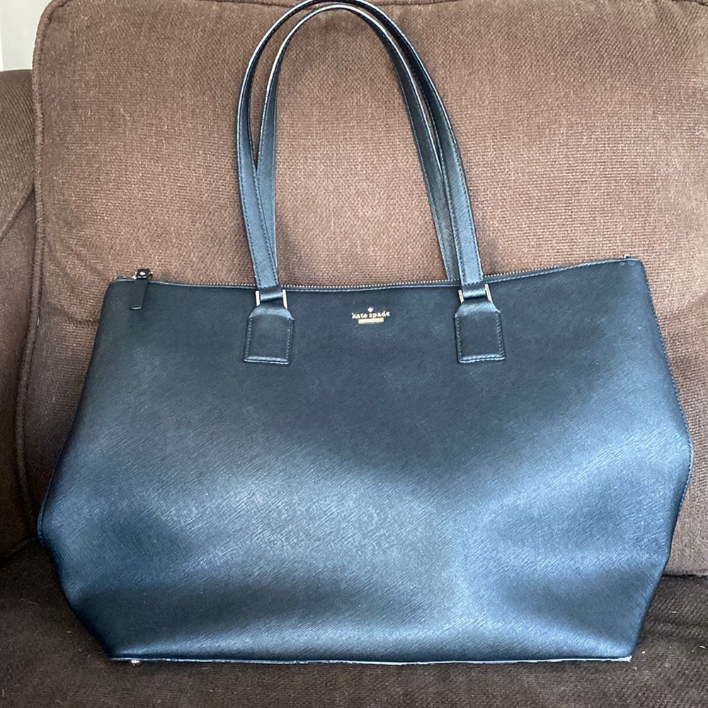 Kate Spade black leather gold tone zipper tote bag